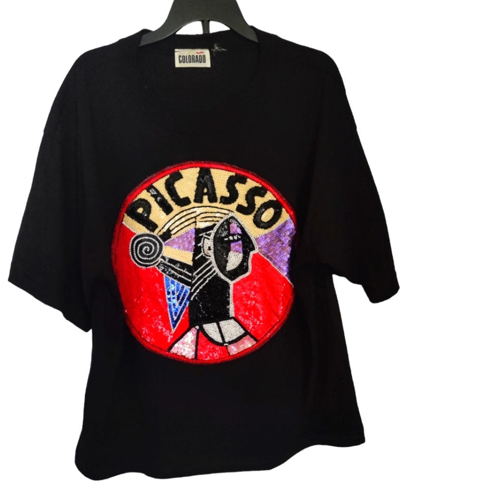 Colorado Black Picasso Beaded Applique T-shirt Size XL